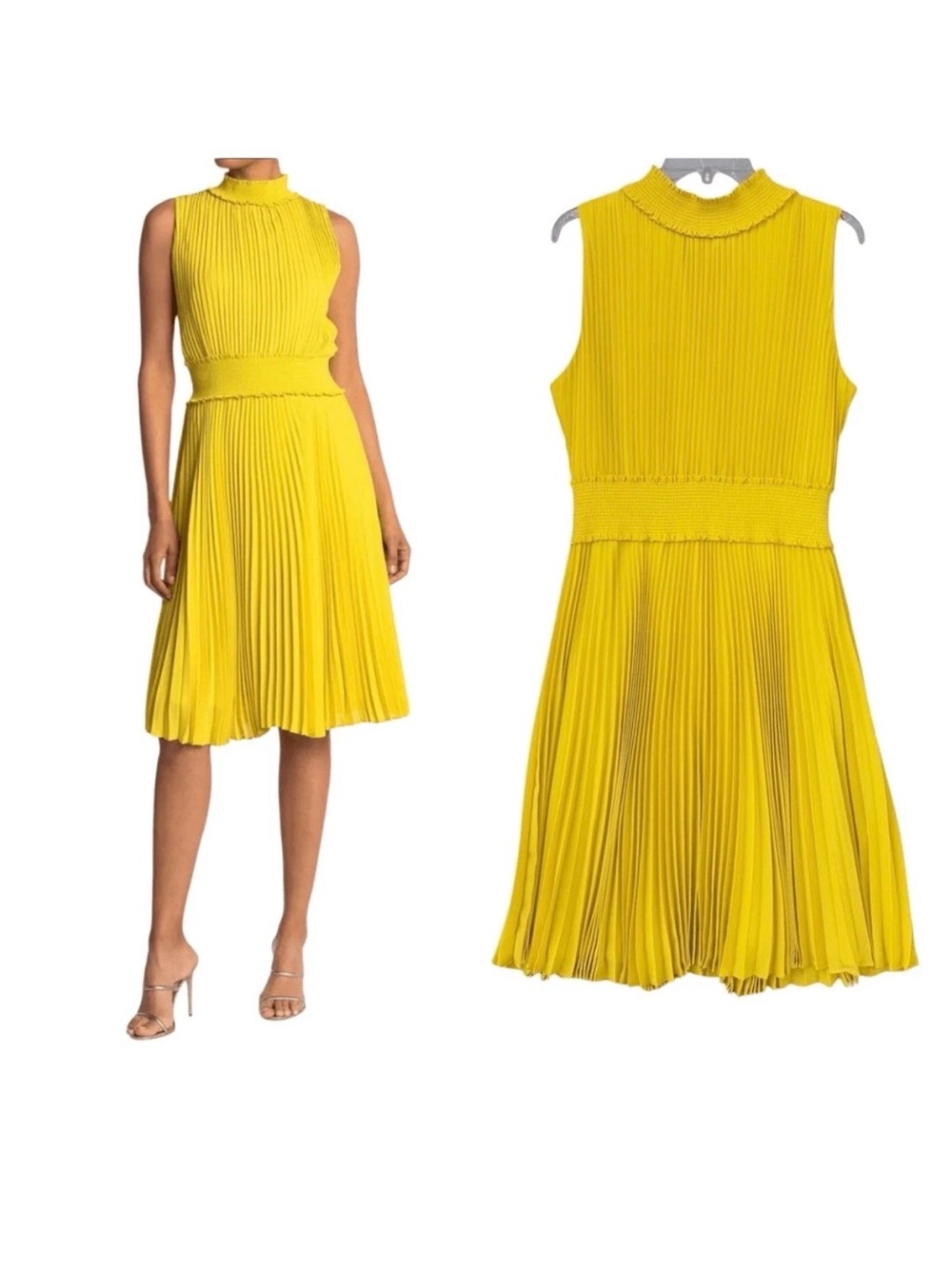 Yellow Pleated Dress with Ruffled Collar